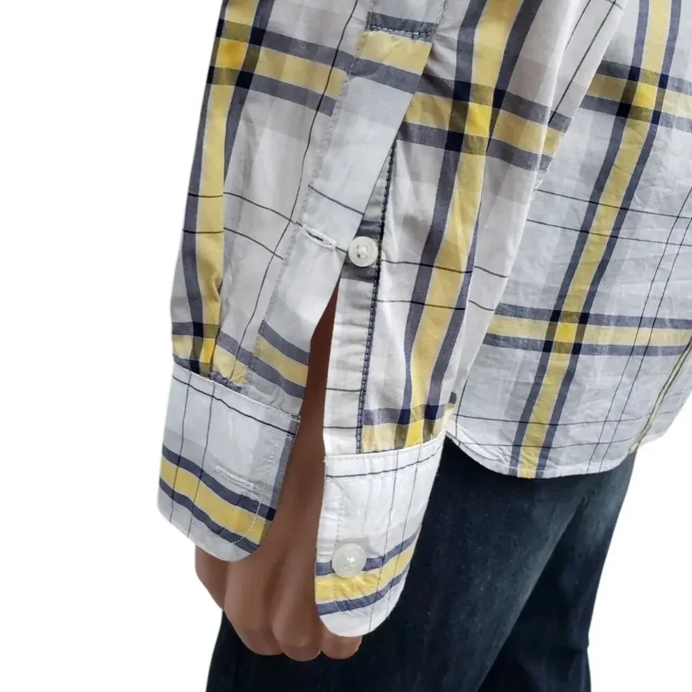J. Crew NY Light Weight Shirt Slim Fit Men L Button Down White Yellow Navy Plaid